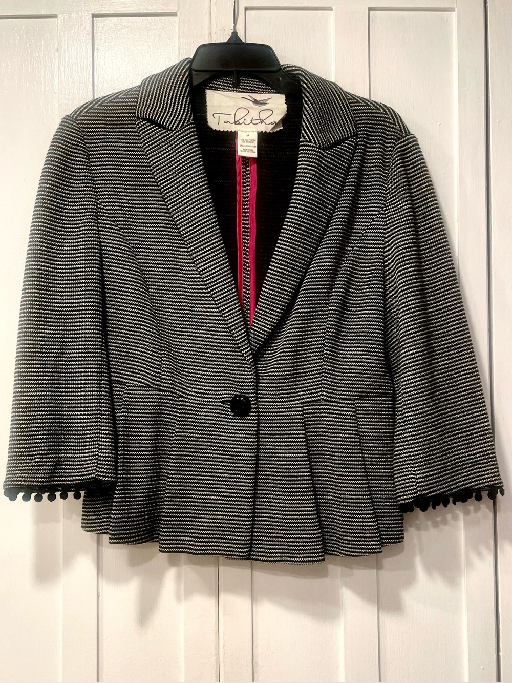 Tabitha Black Cream Houndstooth Peplum Jacket Pom Pom Trim Medium